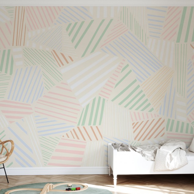 Tapet cu model herringbone în culori pastelate, potrivit pentru living sau dormitor.