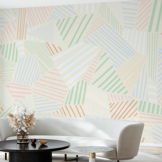 Tapet cu model herringbone în culori pastelate, potrivit pentru living sau dormitor.