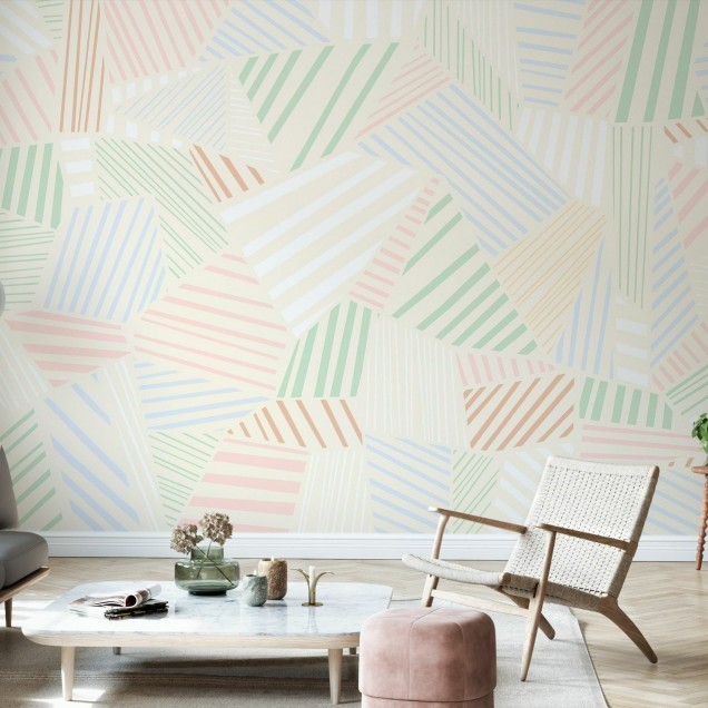 Tapet cu model herringbone în culori pastelate, potrivit pentru living sau dormitor.