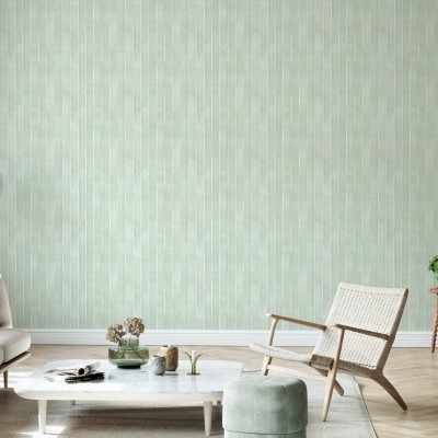 Tapet cu dungi fine, albe pe un fond verde deschis - Tracing Stripes - Verde.