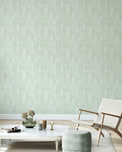 Tapet cu dungi fine, albe pe un fond verde deschis - Tracing Stripes - Verde.