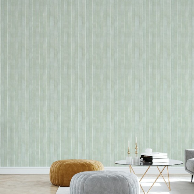Tapet cu dungi fine, albe pe un fond verde deschis - Tracing Stripes - Verde.