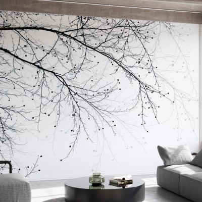 Tapet Black Beech, cu design minimalist,  cu ramuri de copac subtile pe fond alb.