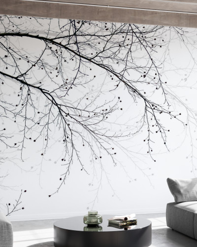 Tapet Black Beech, cu design minimalist,  cu ramuri de copac subtile pe fond alb.
