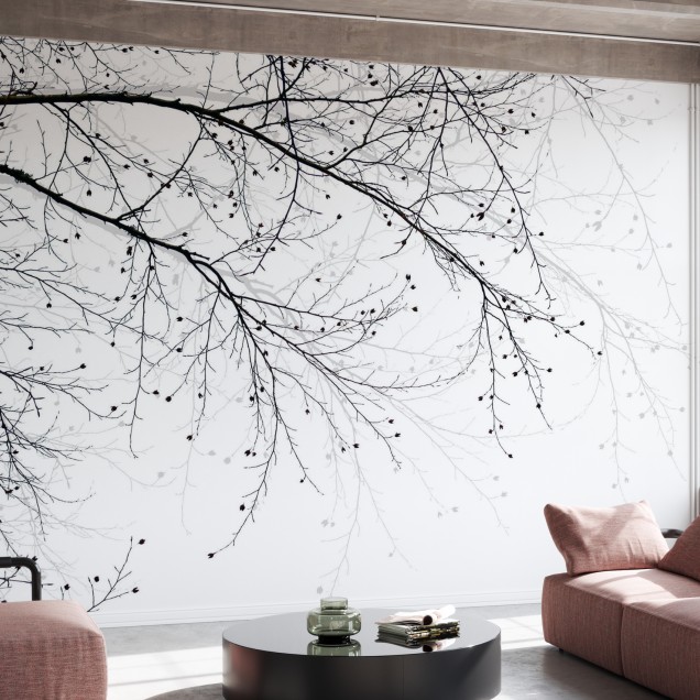 Tapet Black Beech, cu design minimalist,  cu ramuri de copac subtile pe fond alb.