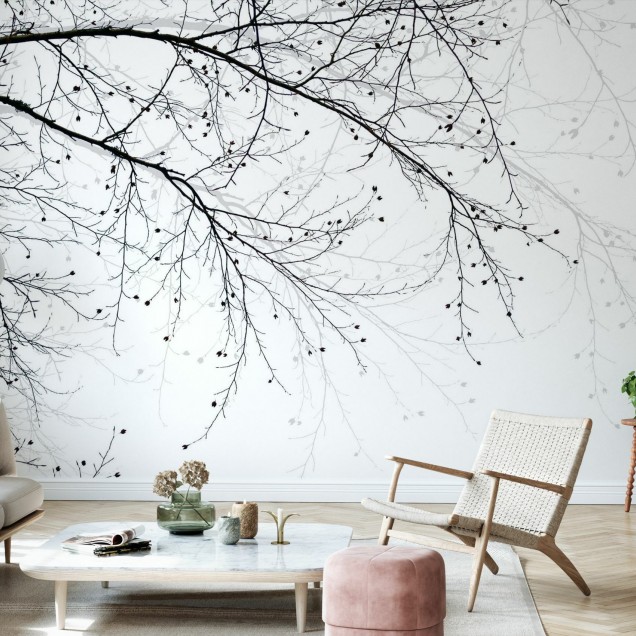 Tapet Black Beech, cu design minimalist,  cu ramuri de copac subtile pe fond alb.