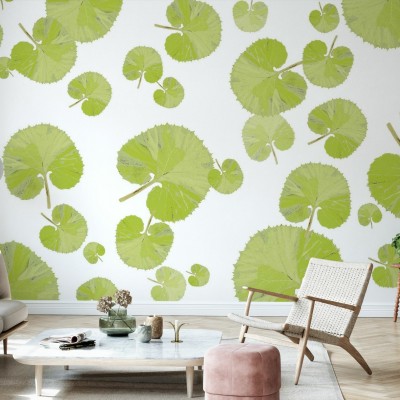 Wallpaper cu frunze verzi pe fond alb, in living