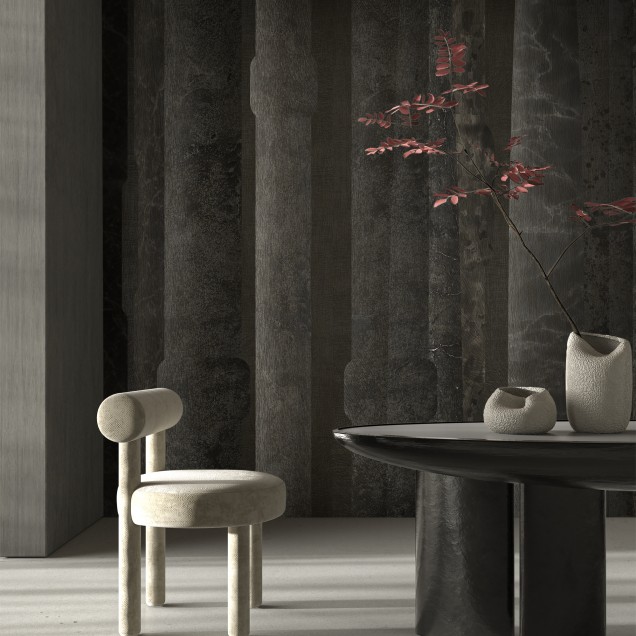 Tapet Column, Warm Black, cu textură de marmură, în tonuri de gri închis, aplicat pe un perete din living.