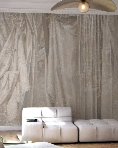 Tapet cu draperii din cupru, aspect elegant și contemporan.