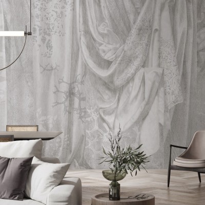 Imagine cu Draperiile argintii, un wallpaper elegant cu design minimalist, aplicat pe peretele din living.