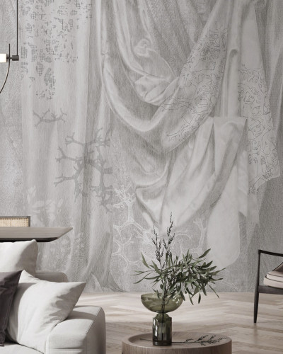Imagine cu Draperiile argintii, un wallpaper elegant cu design minimalist, aplicat pe peretele din living.