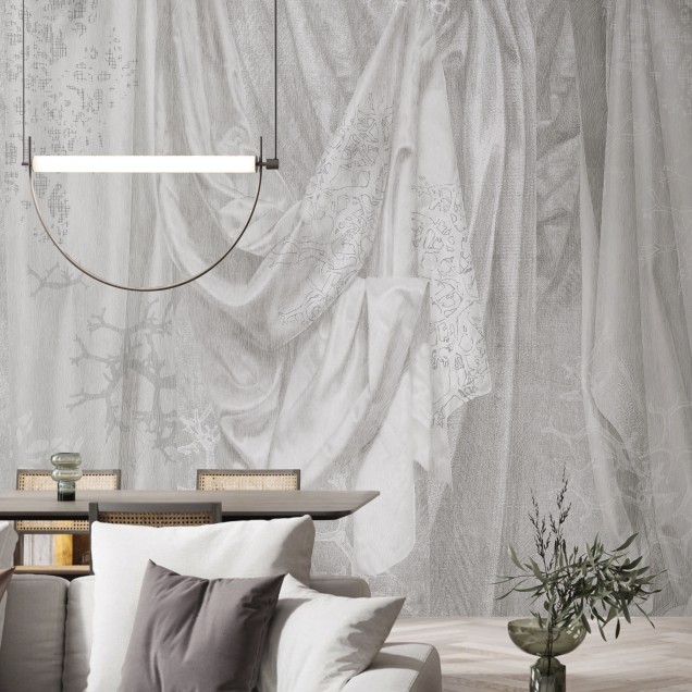 Imagine cu Draperiile argintii, un wallpaper elegant cu design minimalist, aplicat pe peretele din living.