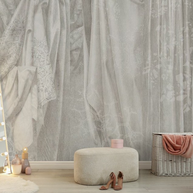 Imagine cu Draperiile argintii, un wallpaper elegant cu design minimalist, aplicat pe peretele din living.