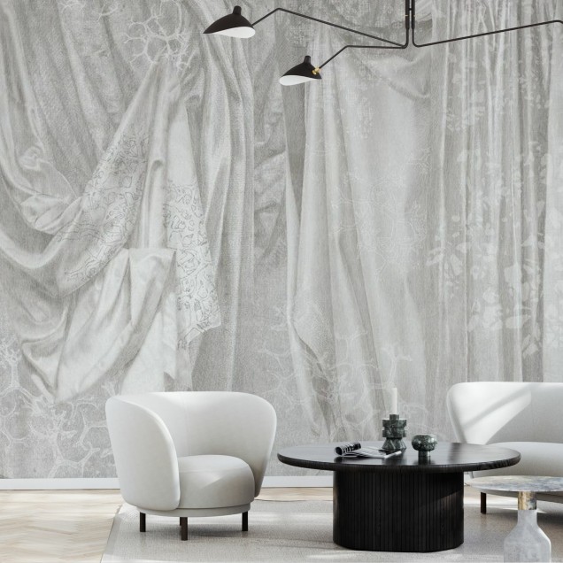 Imagine cu Draperiile argintii, un wallpaper elegant cu design minimalist, aplicat pe peretele din living.