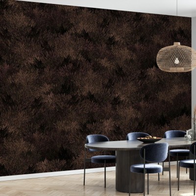 Meadow, Dark Copper tapet in a modern dining room with a wooden table and blue chairs.