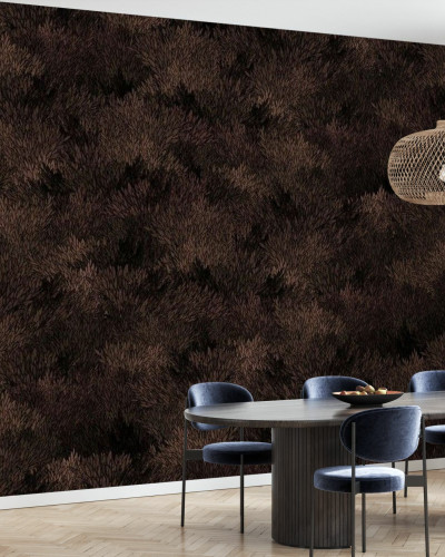 Meadow, Dark Copper tapet in a modern dining room with a wooden table and blue chairs.