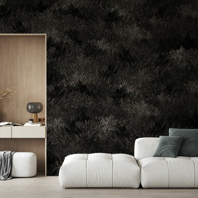 Tapet Meadow, Dark Grey cu un design minimalist al frunzelor, in tonuri de gri închis