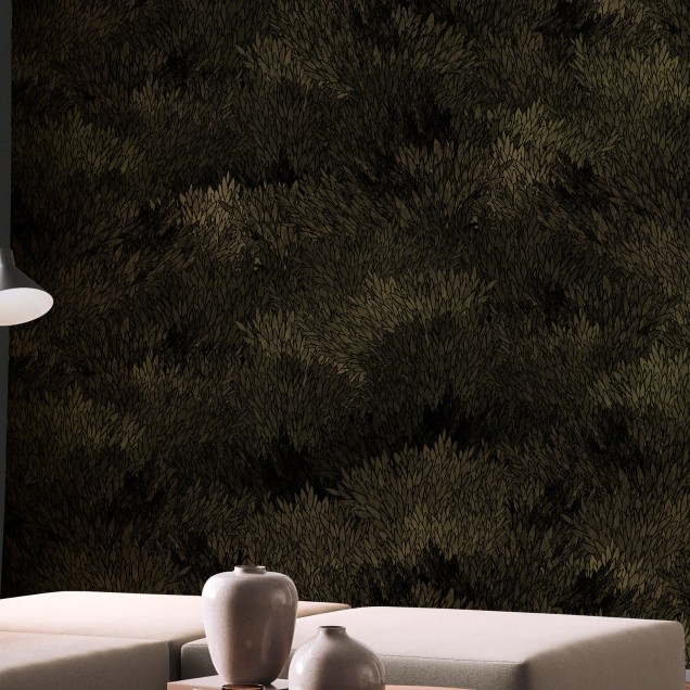 Tapet Meadow, Dark Olive, cu textură naturală de iarbă, în nuanțe de verde închis.