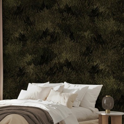 Tapet Meadow, Dark Olive, cu textură naturală de iarbă, în nuanțe de verde închis.