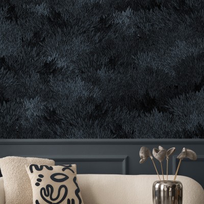 Tapet Meadow, Dark Petrol, cu design abstract in nuante de albastru inchis