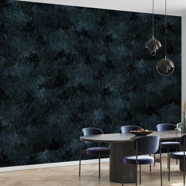 Tapet Meadow, Dark Petrol, cu design abstract in nuante de albastru inchis