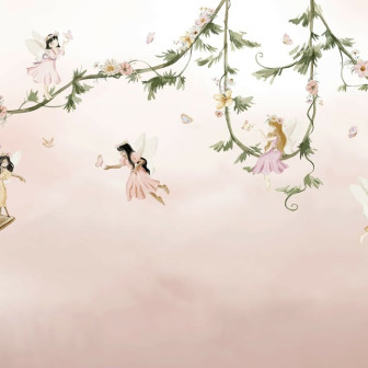 Fototapet cu zâne delicate și flori pastelate în camera unui copil