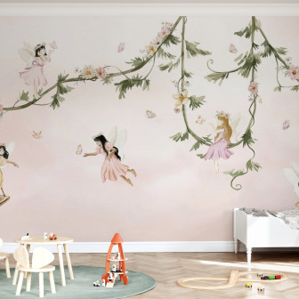 Fototapet cu zâne delicate și flori pastelate în camera unui copil