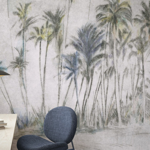 Tapet cu design minimalist, palmieri în tonuri de gri
