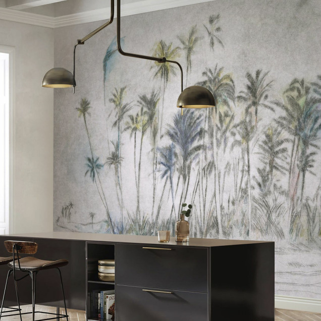 Tapet cu design minimalist, palmieri în tonuri de gri