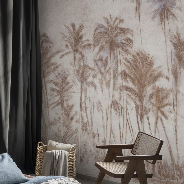 Wallpaper cu palmieri stilizați în nuanțe calde, design minimalist, Backwoods, Warm Mahogany