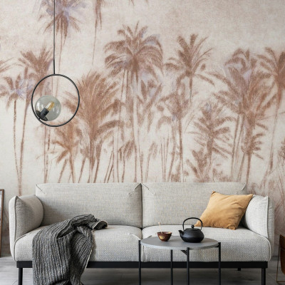 Wallpaper cu palmieri stilizați în nuanțe calde, design minimalist, Backwoods, Warm Mahogany