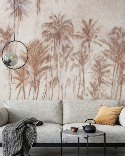 Wallpaper cu palmieri stilizați în nuanțe calde, design minimalist, Backwoods, Warm Mahogany