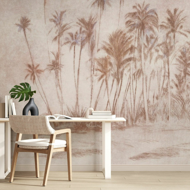 Wallpaper cu palmieri stilizați în nuanțe calde, design minimalist, Backwoods, Warm Mahogany
