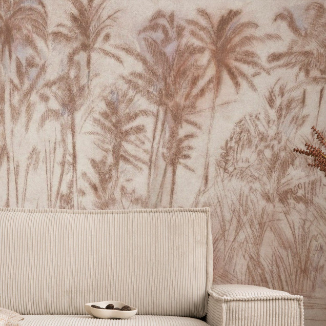 Wallpaper cu palmieri stilizați în nuanțe calde, design minimalist, Backwoods, Warm Mahogany