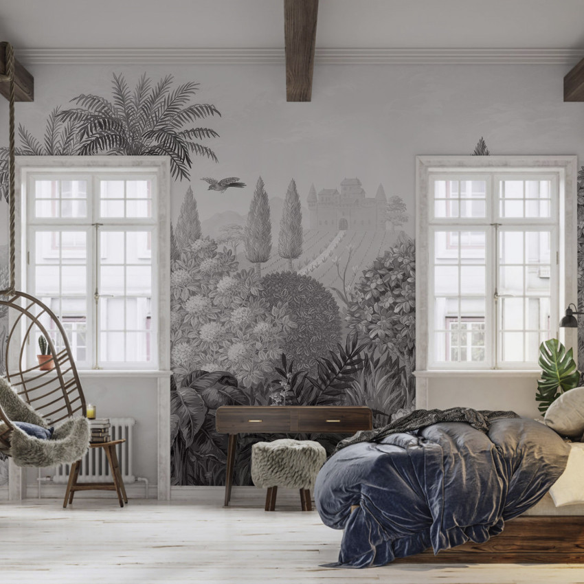 Tapet cu design toscan, Tuscan Splendor, Green - Panorama. Prezinta un peisaj cu palmieri, flori si un conac in tonuri de verde si gri.