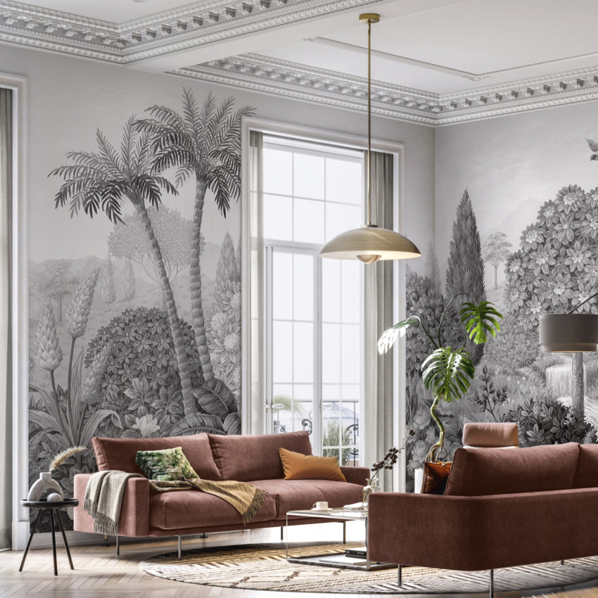 Tapet cu design toscan, Tuscan Splendor, Green - Panorama. Prezinta un peisaj cu palmieri, flori si un conac in tonuri de verde si gri.