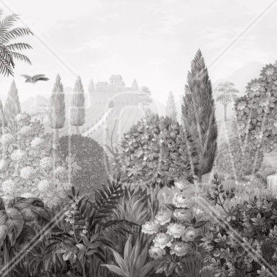 Tapet panoramic alb-negru cu un peisaj toscan. Se vede un castel, copaci, un râu și un palmier.