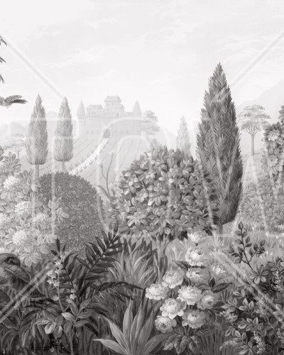 Tapet panoramic alb-negru cu un peisaj toscan. Se vede un castel, copaci, un râu și un palmier.