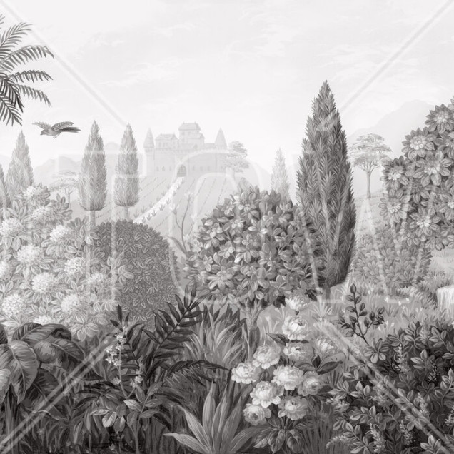 Tapet panoramic alb-negru cu un peisaj toscan. Se vede un castel, copaci, un râu și un palmier.