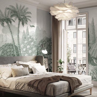 Tapet cu design toscan, Tuscan Splendor, Green - Panorama. Prezinta un peisaj cu palmieri, flori si un conac in tonuri de verde si gri.