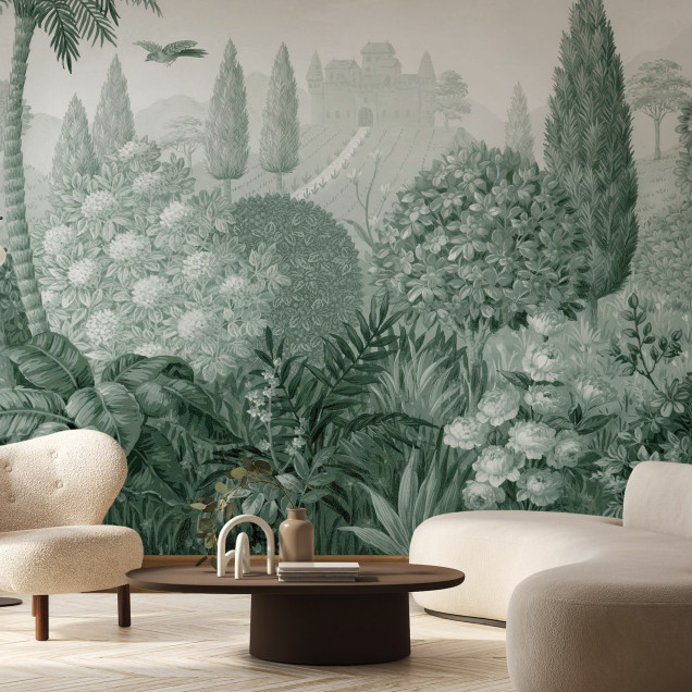 Tapet cu design toscan, Tuscan Splendor, Green - Panorama. Prezinta un peisaj cu palmieri, flori si un conac in tonuri de verde si gri.