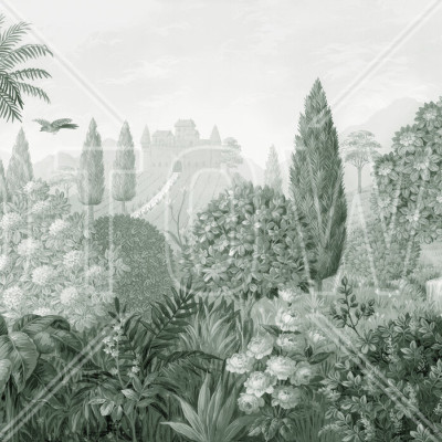 Tapet cu design toscan, Tuscan Splendor, Green - Panorama. Prezinta un peisaj cu palmieri, flori si un conac in tonuri de verde si gri.