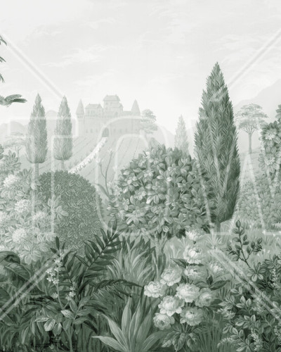 Tapet cu design toscan, Tuscan Splendor, Green - Panorama. Prezinta un peisaj cu palmieri, flori si un conac in tonuri de verde si gri.