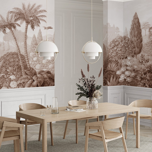 Wallpaper panoramic cu design toscan, în nuanțe de roșu, cu detalii bogate ale unei grădini.
