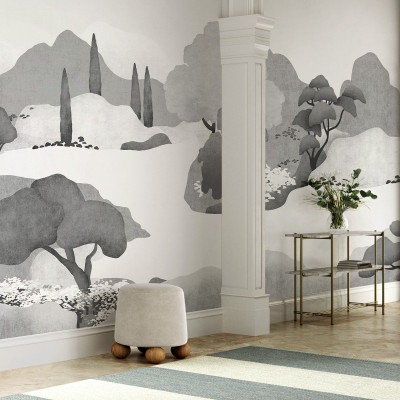 Imperial Field, tapet perete alb-negru, cu design minimalist, prezentand un peisaj montan