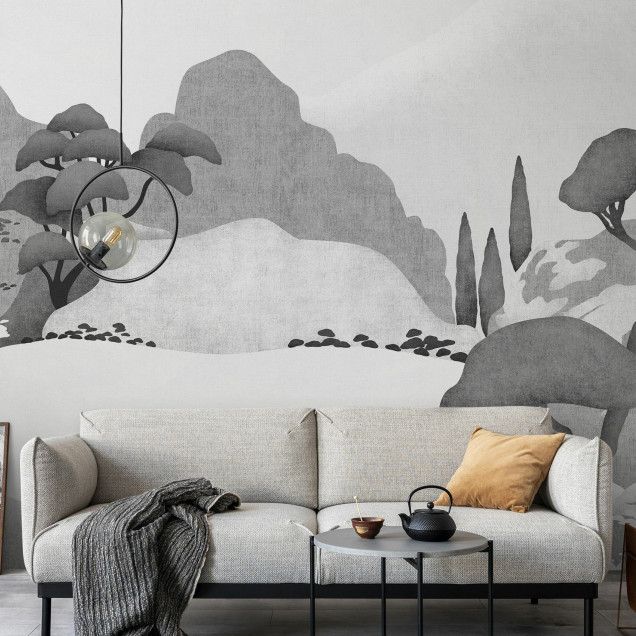 Imperial Field, tapet perete alb-negru, cu design minimalist, prezentand un peisaj montan