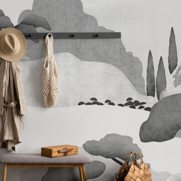 Imperial Field, tapet perete alb-negru, cu design minimalist, prezentand un peisaj montan