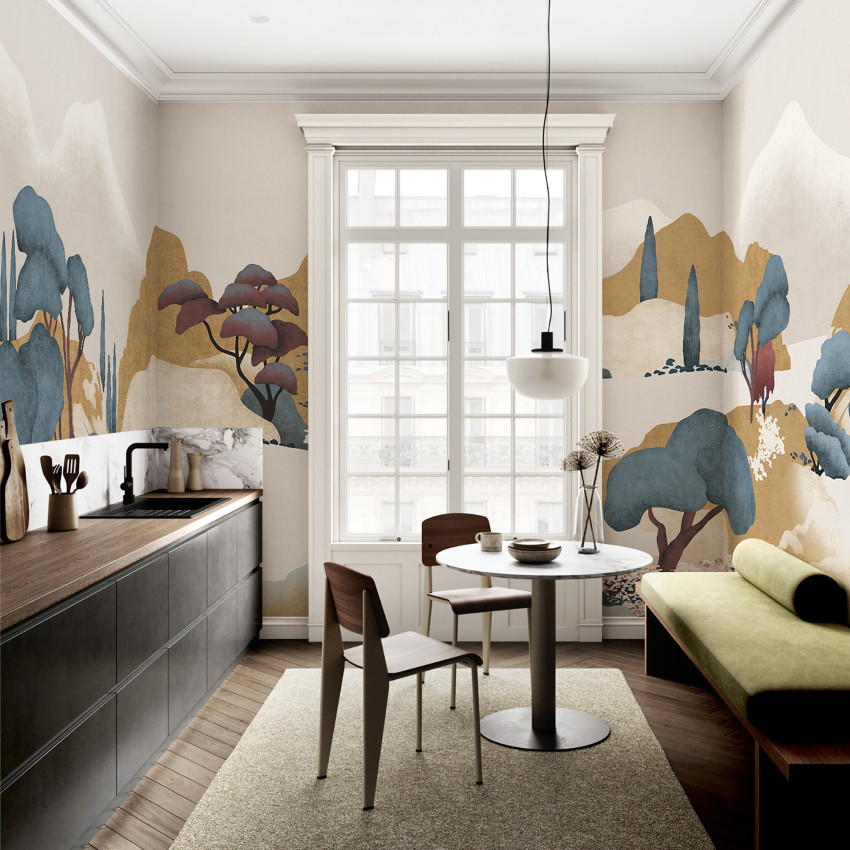 Imperial Field, tapet perete alb-negru, cu design minimalist, prezentand un peisaj montan