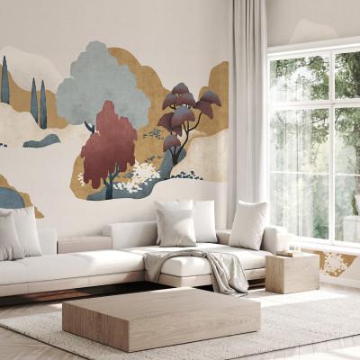 Tapetul Imperial Field - Panorama cu un design modern, abstract cu culori neutre, care reprezintă dealuri și copaci, ideal pentru living