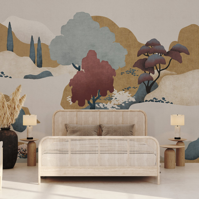Tapetul Imperial Field - Panorama cu un design modern, abstract cu culori neutre, care reprezintă dealuri și copaci, ideal pentru living
